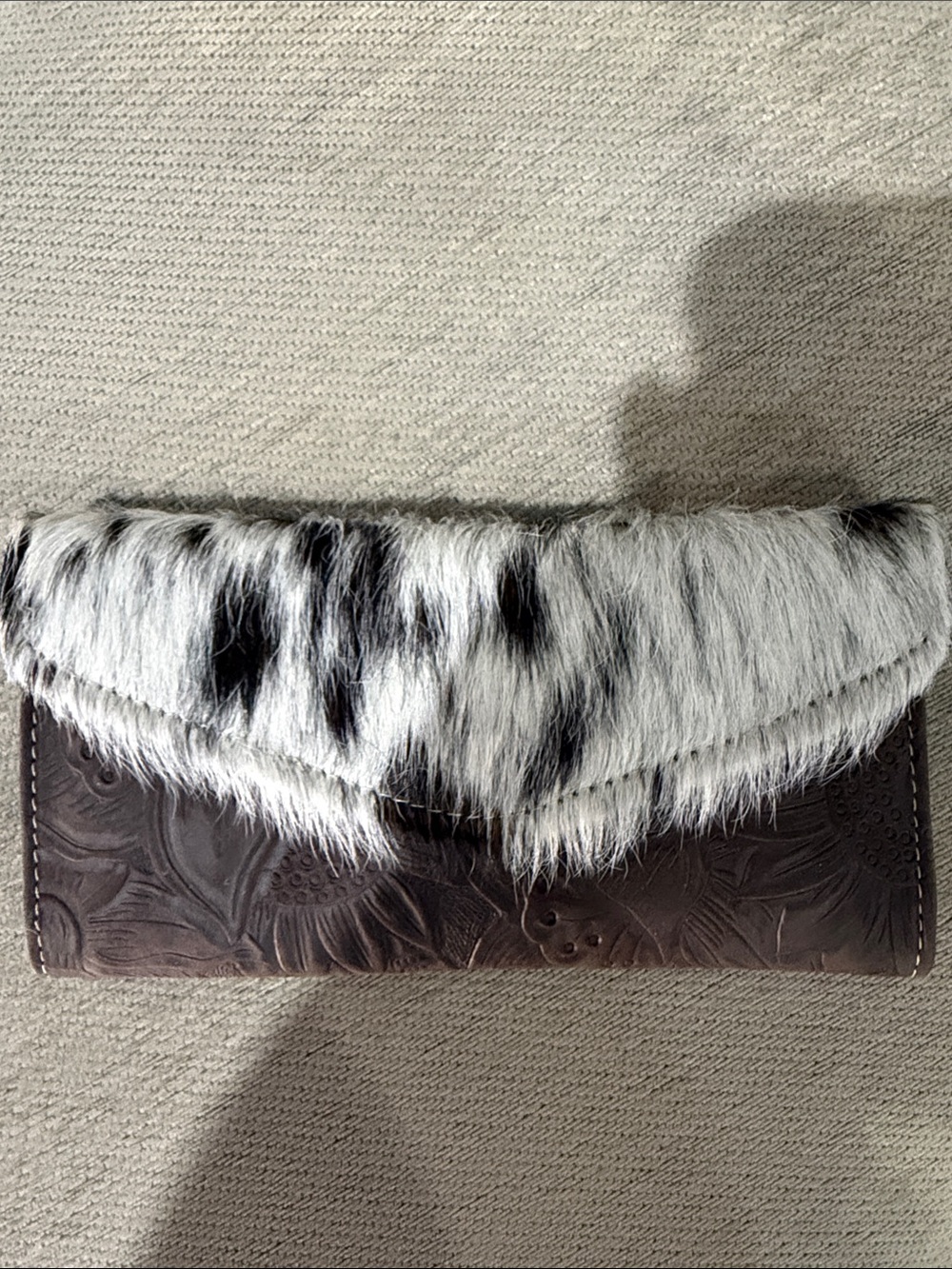 Women's Brown and White Fur-Trim Leather Wallet